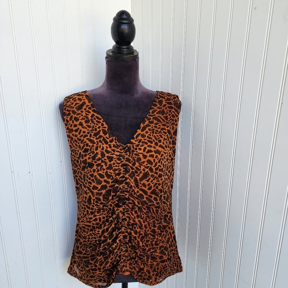 Jane & Delancey Mesh Jersey Leopard Print Sleeveless Top Tank Brown & Black Sz L - Picture 1 of 12